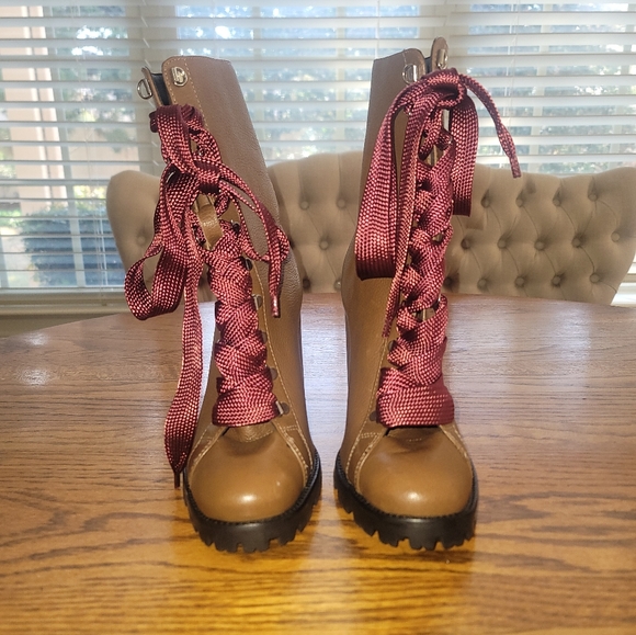 NWT Schutz Zara Dark Tan Maroon Platform Genuine Leather Combat Heel Boots - Picture 4 of 17